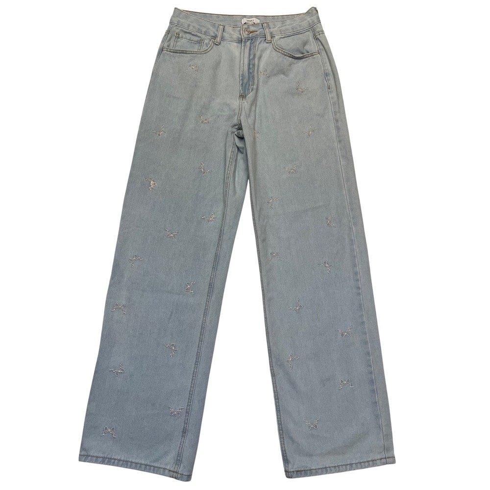 Forever 21 Light Wash Embroidered Bow Coquette Wide Leg High Rise Jeans Size 27